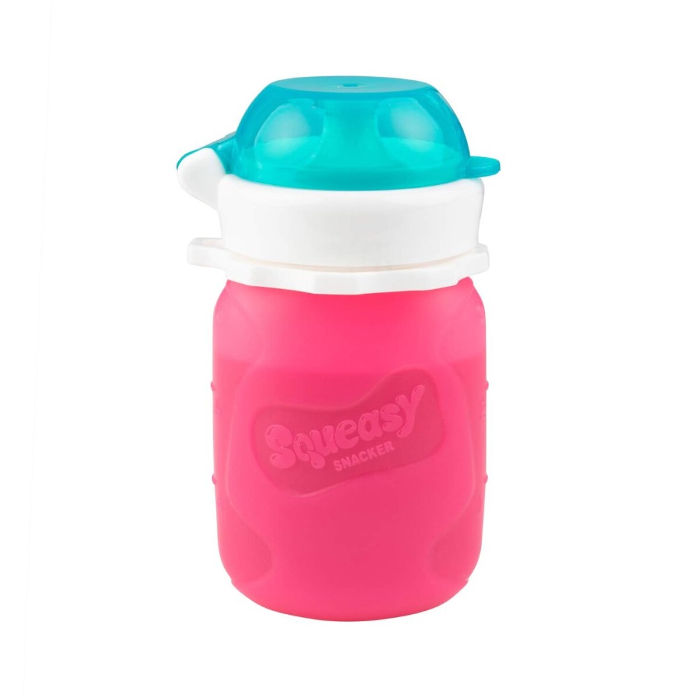 Pink 3.5 oz Squeasy Snacker Spill Proof Silicone Reusable Food Pouch - for Both Soft Foods and Liquids - Water, Apple Sauce, Yogurt, Smoothies, Baby Food - Dishwasher Safe