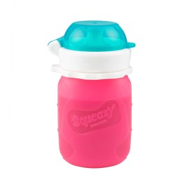 Pink 3.5 oz Squeasy Snacker Spill Proof Silicone Reusable Food Pouch - for Both Soft Foods and Liquids - Water, Apple Sauce, Yogurt, Smoothies, Baby Food - Dishwasher Safe