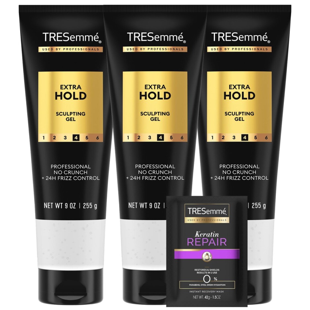 TRESemm Hair Gel, Sculpting, Extra Hold, 3-Pack + Keratin Repair Instant Recovery Mask - Frizz Control, Professional Quality Styling Products, Alcohol-Free