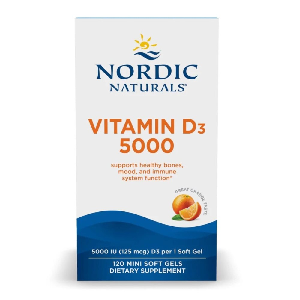 Nordic Naturals Vitamin D3 5000, Orange - 120 Mini Soft Gels - 5000 IU Vitamin D3 - Supports Healthy Bones, Mood & Immune System Function - Non-GMO - 120 Servings