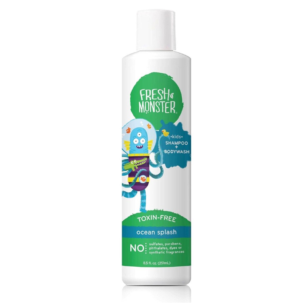 Fresh Monster 2-in-1 Kids Shampoo & Body Wash, Ocean Splash - 8.5oz, Toxin-Free, Hypoallergenic, Natural & PETA Certified Cruelty-Free, Unisex