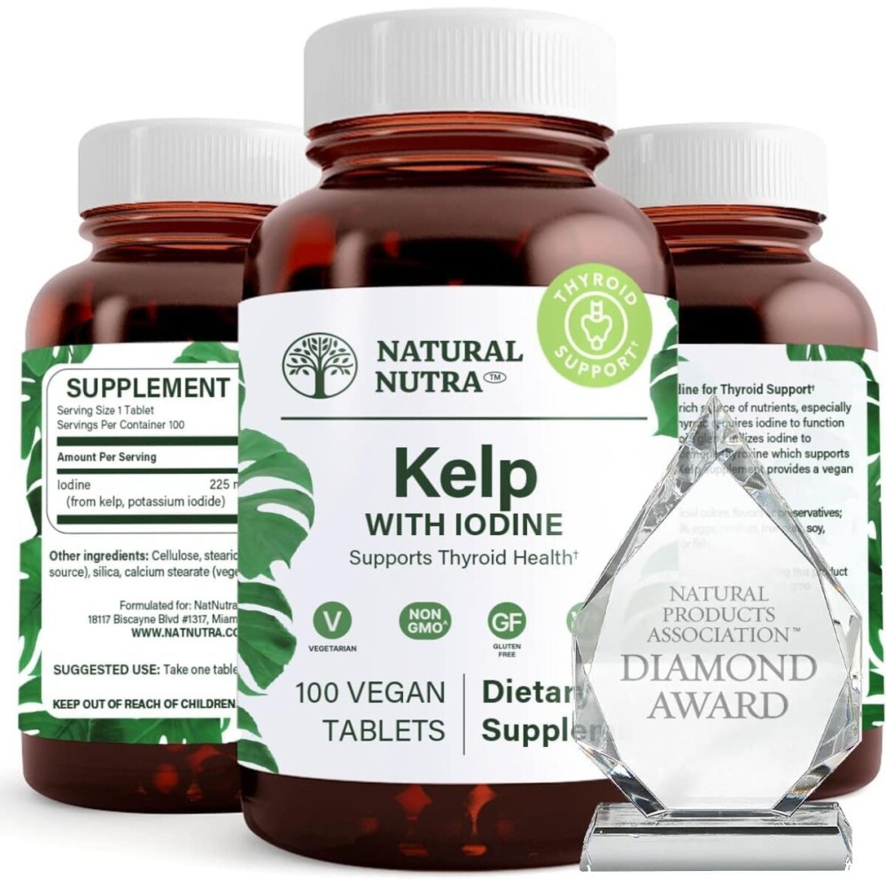 Natural Nutra Kelp Iodine with Potassium Iodide - Thyroid Support Supplement - Immune Strength & Metabolism Balance - Vegan Sea Kelp for Wellness - 225 mcg Iodine - 100 Tablets