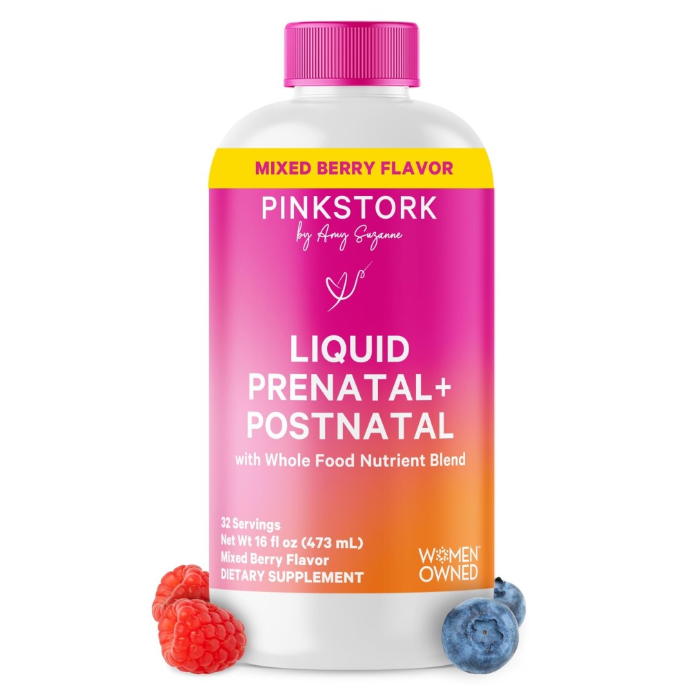 Pink Stork Liquid Prenatal Vitamins for Women - Berry Flavor - Organic Food Blend - Fertility, Pregnancy, Postpartum Essentials - Morning Sickness Support - Breastfeeding & Lactation - 32 Servings