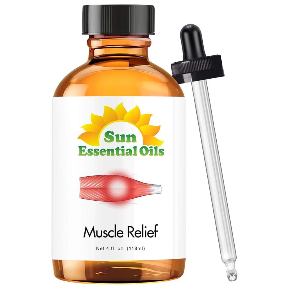 Sun Essential Oils Deep Muscle Relief Blend Oil (Huge 4 Ounce Bottle) Bulk - Sore Muscle Massage Oil - Muscle Ease Essential Oil Blend - Aromatherapy Oils