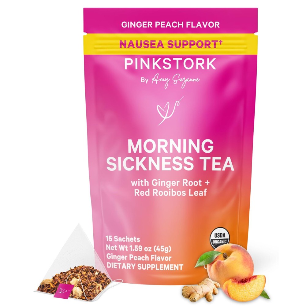 Pink Stork Organic Morning Sickness Pregnancy Tea - Hot or Iced Tea - Prenatal Heartburn, Indigestion, and Constipation Support - 1st Trimester Pregnancy Must Haves - Ginger Peach, 15 Sachets