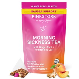 Pink Stork Organic Morning Sickness Pregnancy Tea - Hot or Iced Tea - Prenatal Heartburn, Indigestion, and Constipation Support - 1st Trimester Pregnancy Must Haves - Ginger Peach, 15 Sachets