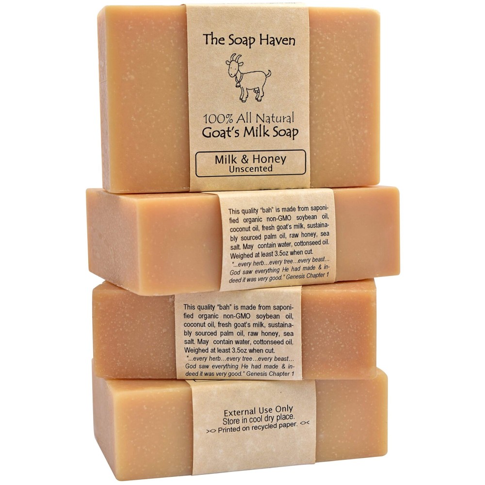 4 Goat Milk Soap Bars with Honey - Handmade in USA. All Natural Soap, Unscented, Fragrance Free, Fresh Goats Milk. Wonderful for Sensitive Skin and Babies. SLS, Paraben, GMO-Free