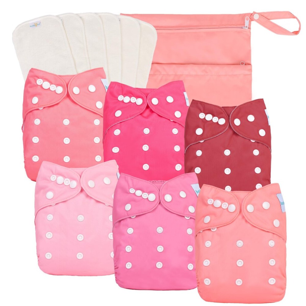 babygoal Baby Girl Cloth Diapers 6 Pack with 6pcs Inserts and Wet Bag, Reusable Waterproof Diaper Covers for Toddlers with Snap Closure