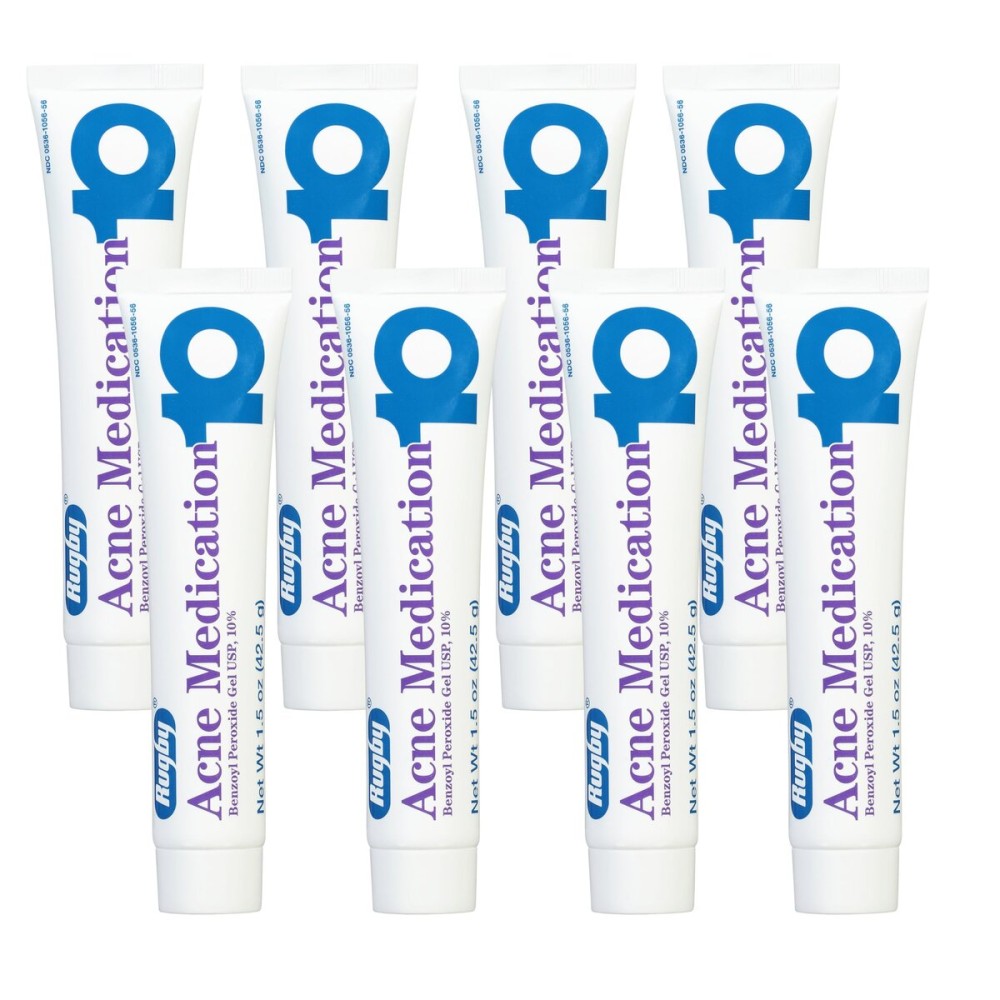 Rugby Acne Medication Benzoyl Peroxide Gel USP, 10% - Clear Up Acne Pimples - Greaseless, Vanishing Formula - 1.5 Oz (42.5g) - 8 Pack