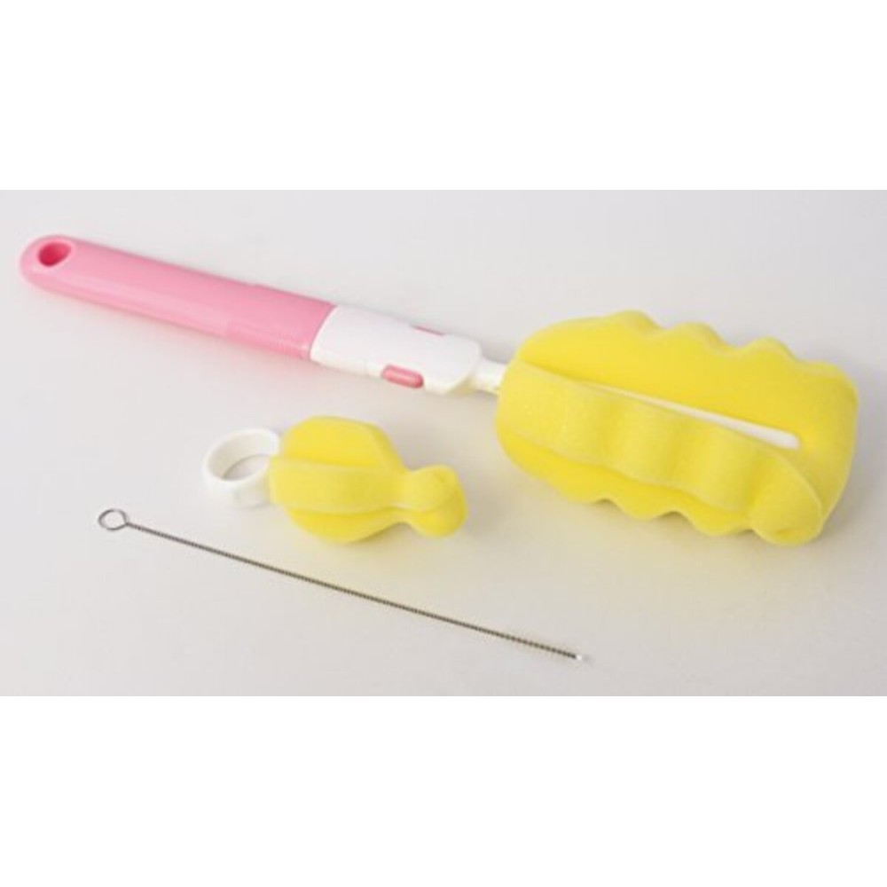 MoomooBaby Triple Baby Bottle Cleaner Brush Set - Includes Baby Bottle Brush Cleaner, Nipple Brush & Straw Cleaning Brush - Eco-Conscious Plastic Handle with Non-Slip Grip, Replaceable Sponges - Pink