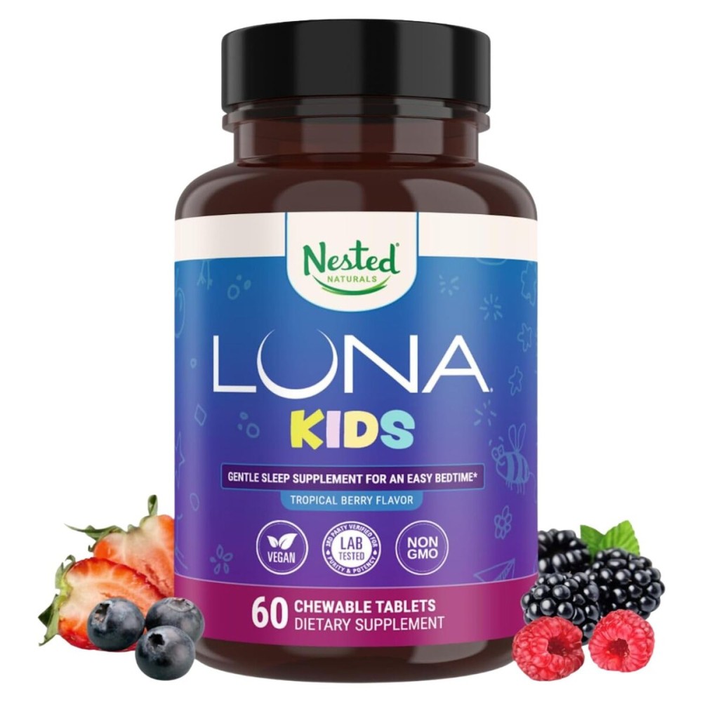LUNA Kids | 1 Sleep Aid Tablets for Children 4+ and Sensitive Adults | Naturally Sourced Ingredients | 60 x Chewable Pills | Gentle, Herbal Supplement with Chamomile, Melatonin, Valerian & Lemon Balm