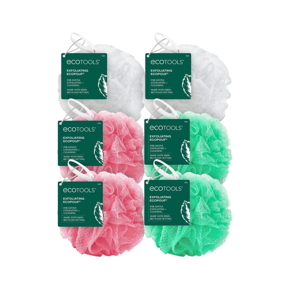 EcoTools Exfoliating EcoPouf, Shower Loofah Scrubs & Cleanses, Pouf with Recycled Netting, Exfoliation Removes Dead Skin, Eco-Friendly Bath Accessory, Cruelty-Free, Color May Vary, 6 Count (60g)