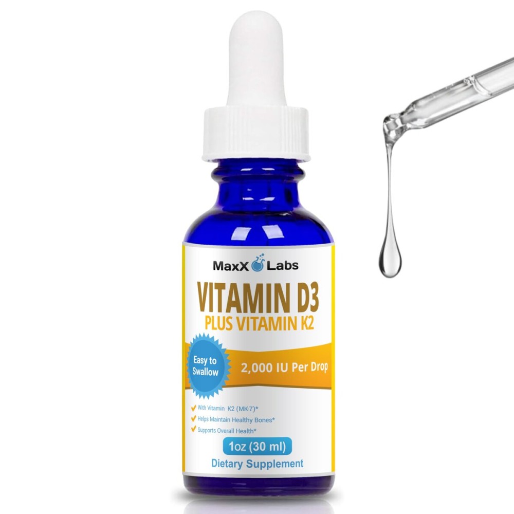 MaxX Labs Vitamin D3 K2 Liquid Drops - Liquid Vitamin-D3 2000 IU Per Drop with K2 Supplements for Adults & Kids - Vitamin D K2 MK7 for Healthy Bones, Heart & Immune - 1 Oz Dropper + 900 Days Supply