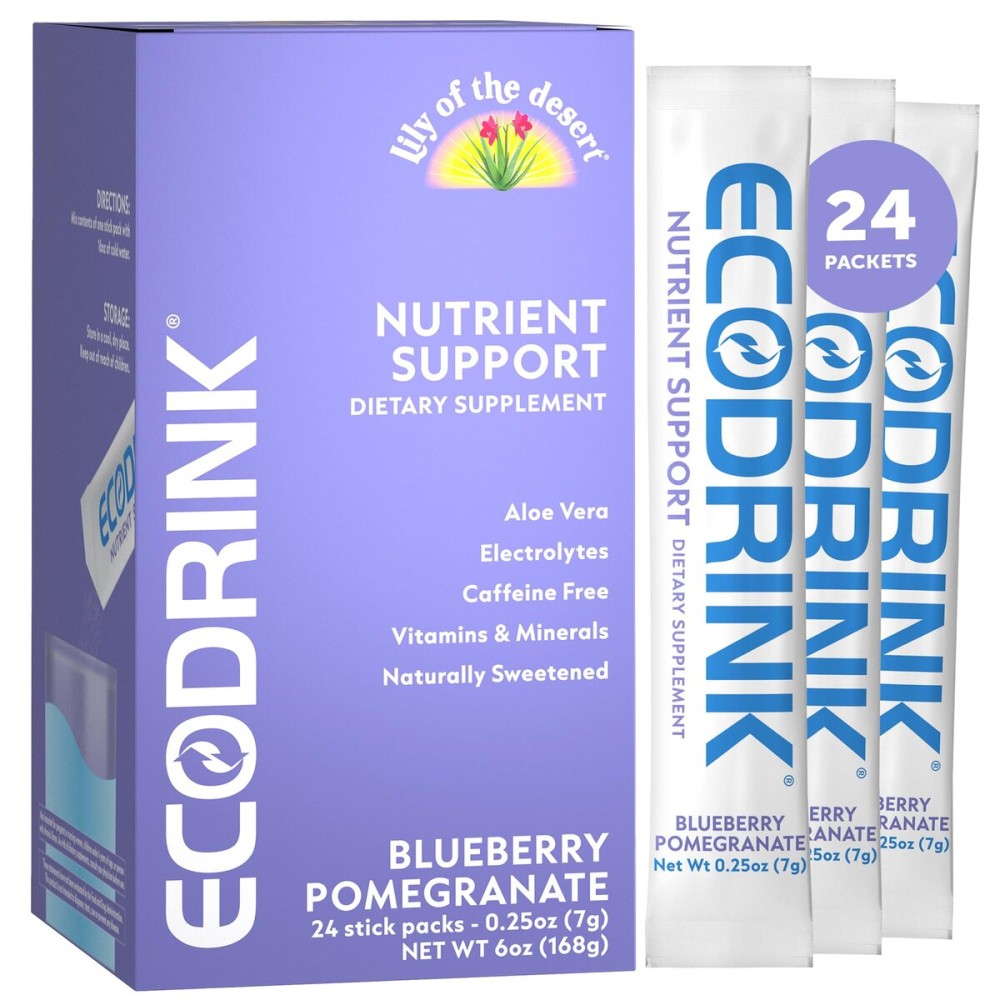 Lily of The Desert EcoDrink Nutrient Support Hydration Packets, Blueberry Pomegranate - Naturally Sweetened Multivitamin Electrolyte Mix with Aloe, 24 Stick Packs/Box, 0.25 Oz Ea
