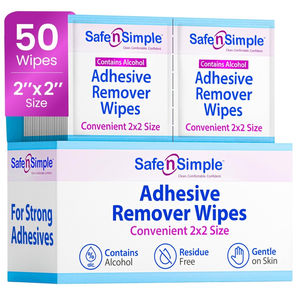 Safe n\' Simple Adhesive Remover for Skin - 2x2 50 Packets - Adhesive Remover Wipes - Adhesive Remover Wipes Alcohol - Medical Isopropyl Alcohol Cleansing Pads Individually Wrapped