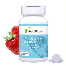 EZ Melts Calcium & Magnesium - Daily Supplement for Heart, Bone, Immune & Brain Health - with Vitamin D3 - Non-GMO & Vegan - Strawberry Smoothie - 60 Dissolvable Tablets (30 Servings)