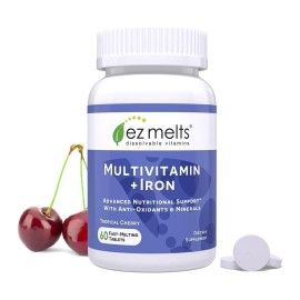 EZ Melts Multivitamin + Iron - Daily Multivitamin for Women & Men - Supports Healthy Energy Levels & Antioxidant Protection - Non-GMO & Vegan - Tropical Cherry - 60 Dissolvable Tablets (30 Servings)