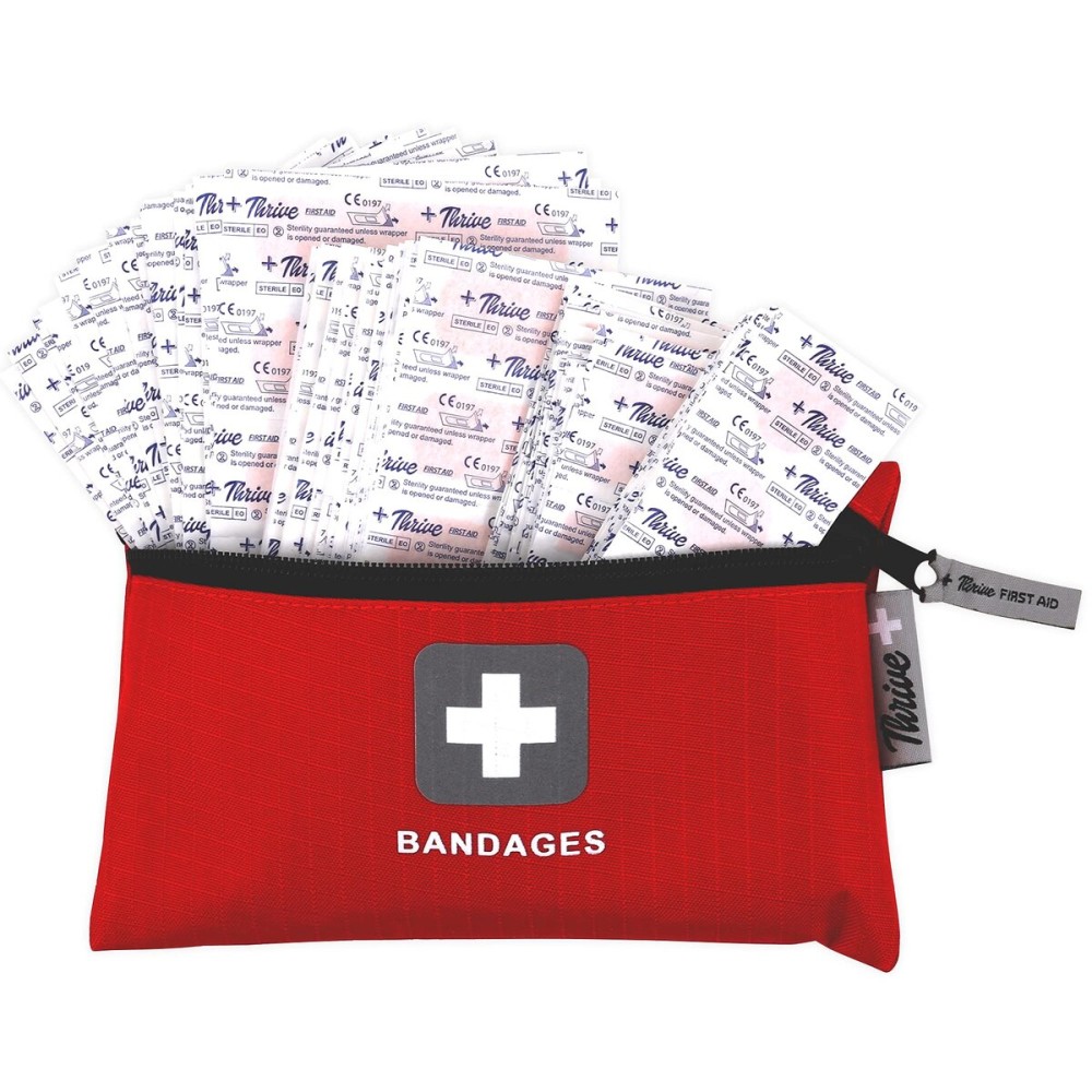 Thrive Bulk Fabric Adhesive Bandages Variety Pack - Portable Zipper Pouch for Travel & Car First Aid Kit - Waterproof & Latex-Free Bandages for Camping & Hiking First Aid Kit - 305 Piece Set, Red