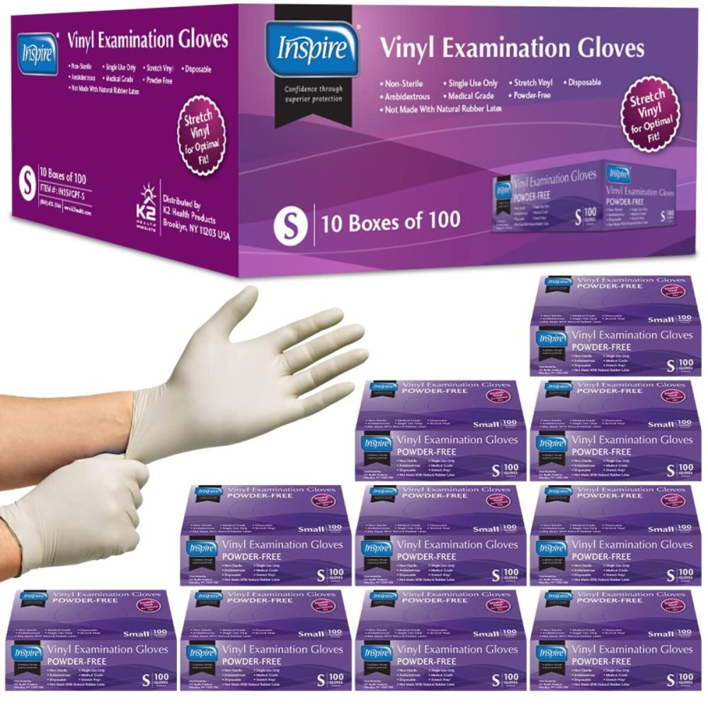 Inspire Stretch Vinyl Exam Gloves | THE ORIGINAL Quality Disposable Latex Free Medical Glove Cleaning Cooking Food Service Labs Healthcare and Household Small, 1000 Count