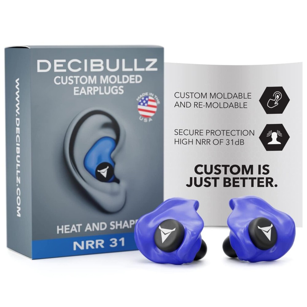 Decibullz - Custom Molded Earplugs, 31dB Highest NRR, Comfortable Hearing Protection for Shooting, Travel, Swimming, Work and Concerts (Blue)
