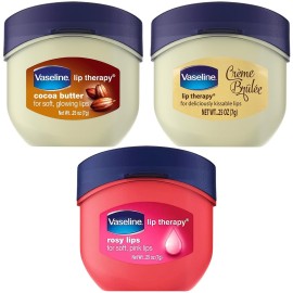 Vaseline Lip Therapy Variety 3-Pack - Crme Brle, Rosy Lips, Cocoa Butter Mini Lip Balms for Soft, Glowing, and Deliciously Kissable Lips, 0.25 Oz Ea