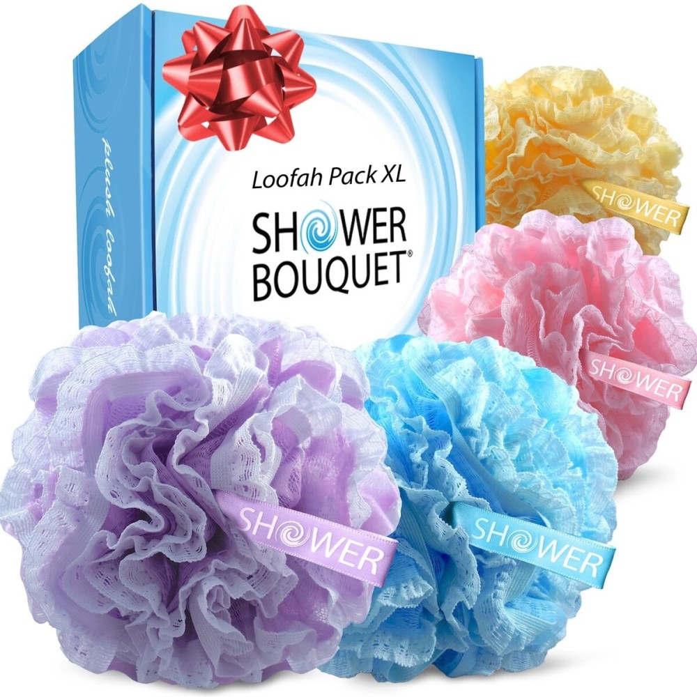 Loofah-Bath-Sponge Lace-Mesh-Set // 2-Scrubs-in-1 by Shower Bouquet/Large Full 60g Pouf (4 Pack Spa Colors) Body Luffa Loofa Loufa Puff - Exfoliate, Cleanse Skin with Luxurious Bathing Accessories
