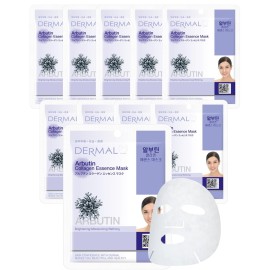 DERMAL Arbutin Collagen Essence Facial Mask Sheet 23g Pack of 10 - Anti Aging for Troubled Skin, Daily Skin Treatment Solution Sheet Mask