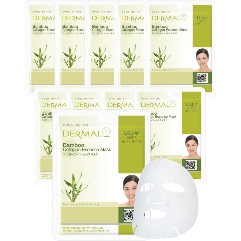 DERMAL Bamboo Collagen Essence Facial Mask Sheet 23g Pack of 10 - Hydrating & Calming, For Dewy and Glowing Skin, Daily Skin Treatment Solution Sheet Mask