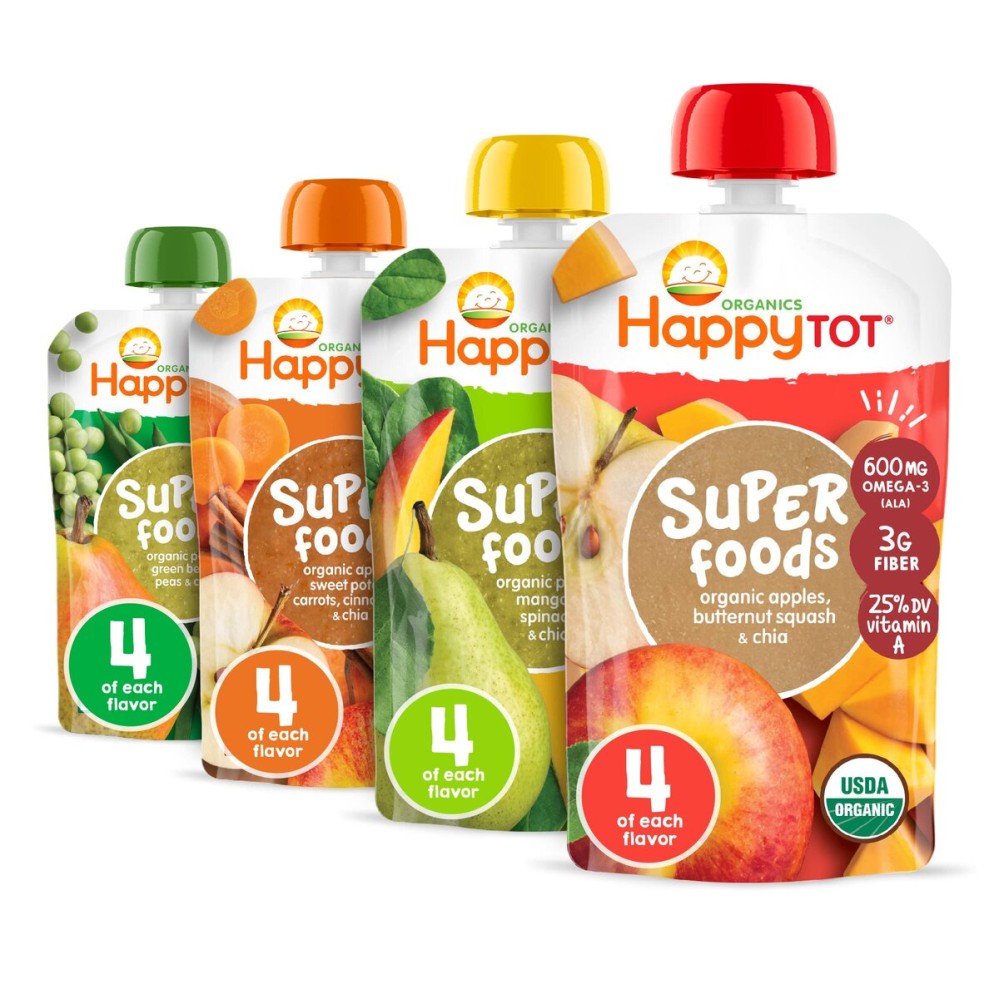 HAPPYTOT Organics Stage 4 Baby Food Pouches, Gluten Free, Vegan Snack, SuperFoods Fruit & Veggie Puree & Chia Variety Pack, 4.22 Ounce (Pack of 16), Amazon Exclusive