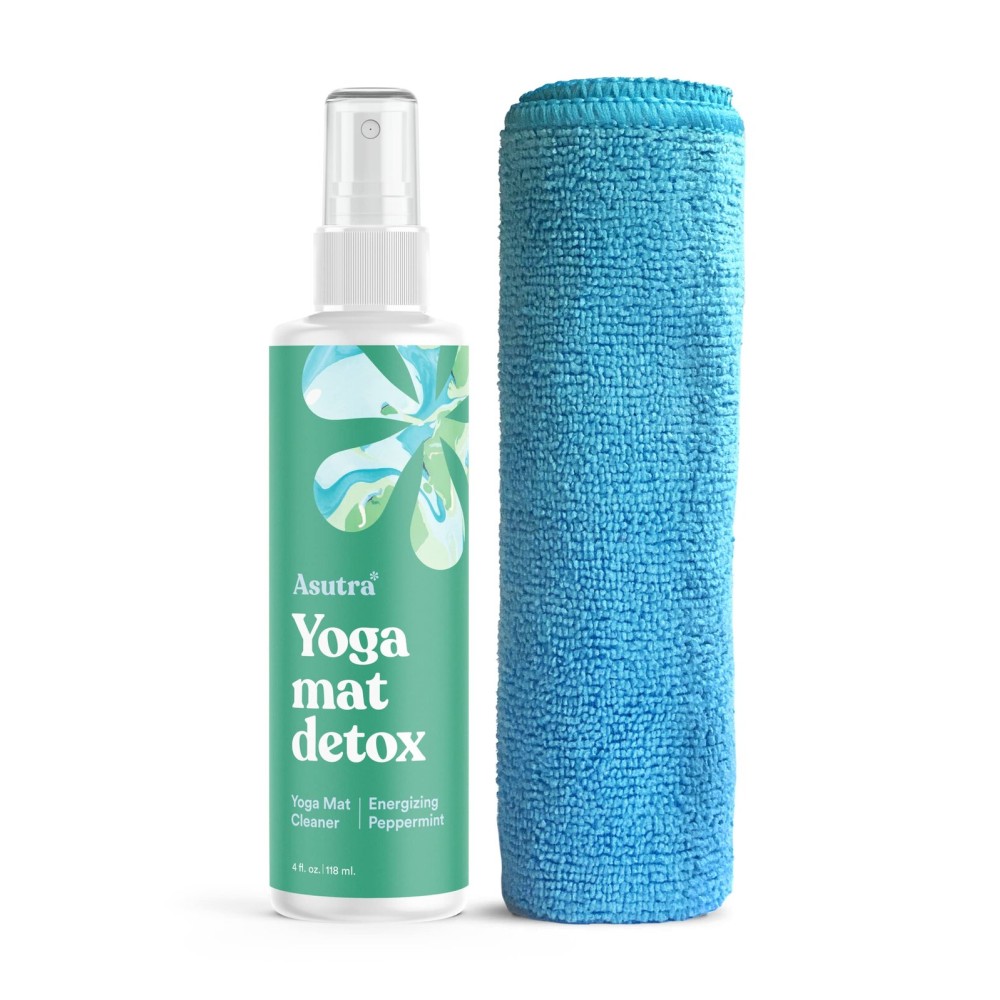 ASUTRA Yoga Mat Cleaner Spray (Energizing Peppermint), 4 fl oz - No Slippery Residue, Organic Essential Oils, Deep-Cleansing for Fitness Gear & Gym Equipment, Microfiber Towel Included