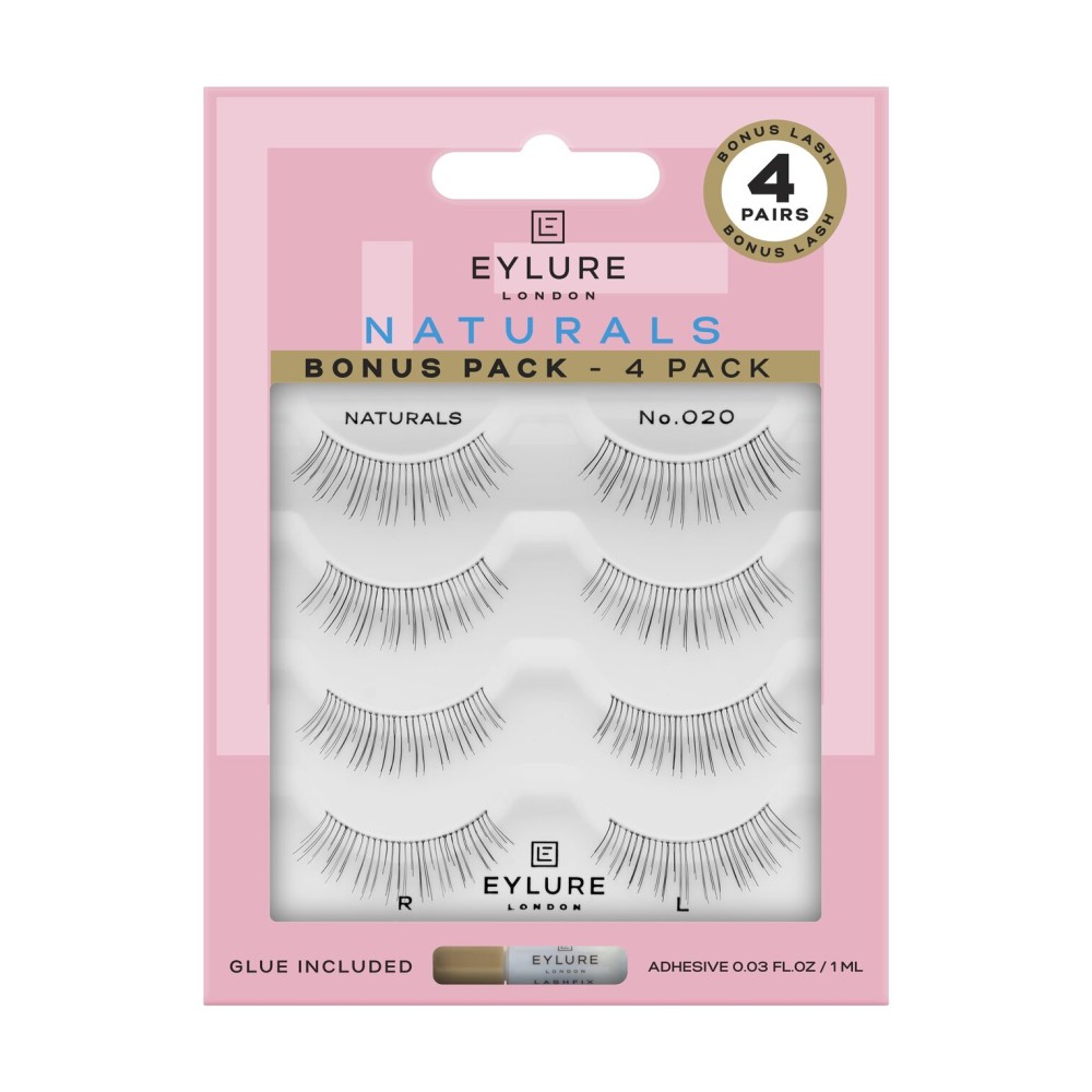 Eylure Naturals No. 020 Reusable Eyelashes, Adhesive Included, Black, 4 Pair