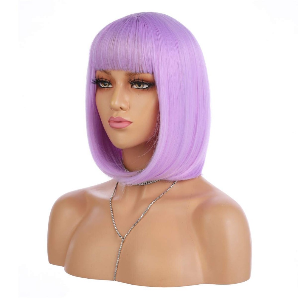 eNilecor Short Bob Hair Wigs 12 Straight with Flat Bangs Synthetic Colorful Cosplay Daily Party Lilac Neon Wig for Women Natural As Real Hair+ Free Wig Cap (Lavender Purple)