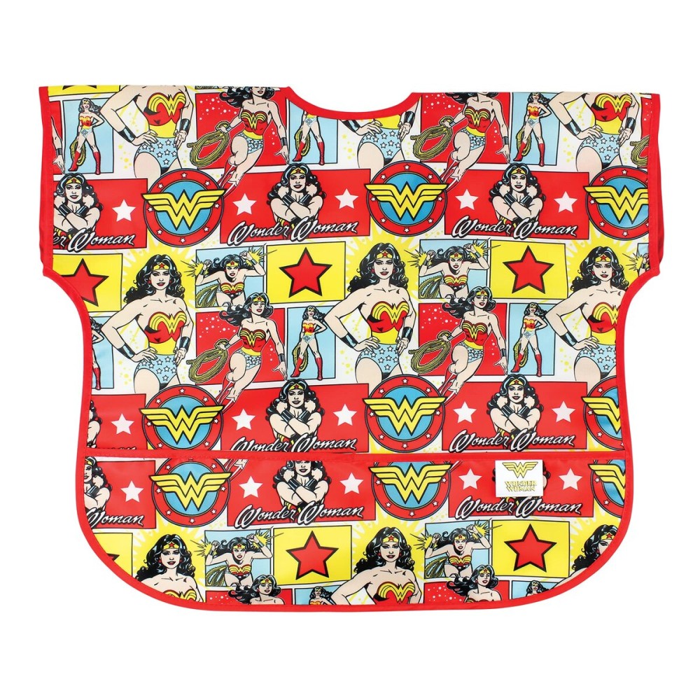 Bumkins Short Sleeve Bib for Girl or Boy, Toddler and Kids for 1-3 Years, Large Size, Essential Must Have for Junior Children, Eating, Mess Saving Soft Fabric Apron for Play, Wonder Woman DC Comics