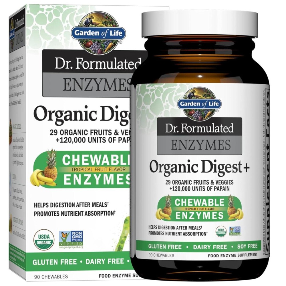 Garden of Life Dr Formulated Digestive Enzymes with Papain, Bromelain, Lipase for Digestion & Nutrient Absorption - Organic Digest+ - Vegan, Gluten-Free, Non-GMO, Tropical Fruit Flavor, 90 Chewables