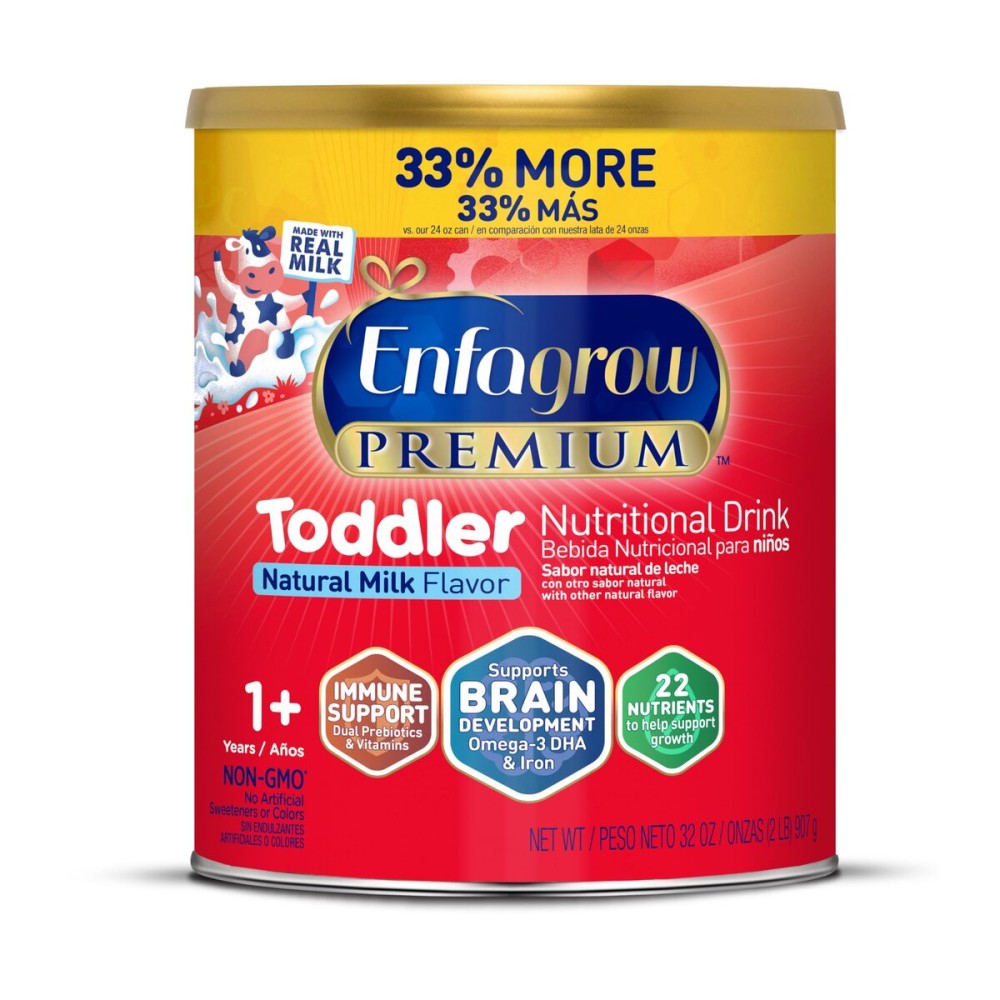 Enfagrow Premium Toddler Nutritional Drink, Made with Real Milk, Brain-Building Omega-3 DHA, Nutrients and Prebiotics for Growth & Immune Support, Non-GMO, Toddler Milk Powder, 32 Oz Can