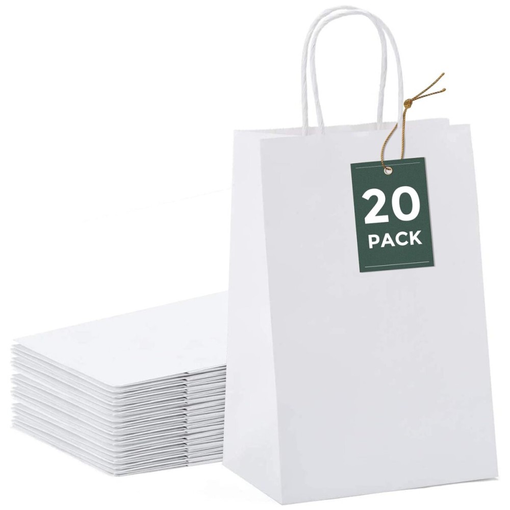 GSSUSA 5.25x3.75x8 20Pcs White Paper Bags With Handles?Small Gift Bags for Shopping,Craft,GroceryParty,Retail,Lunch,Business,Wedding,Merchandise,Boutique