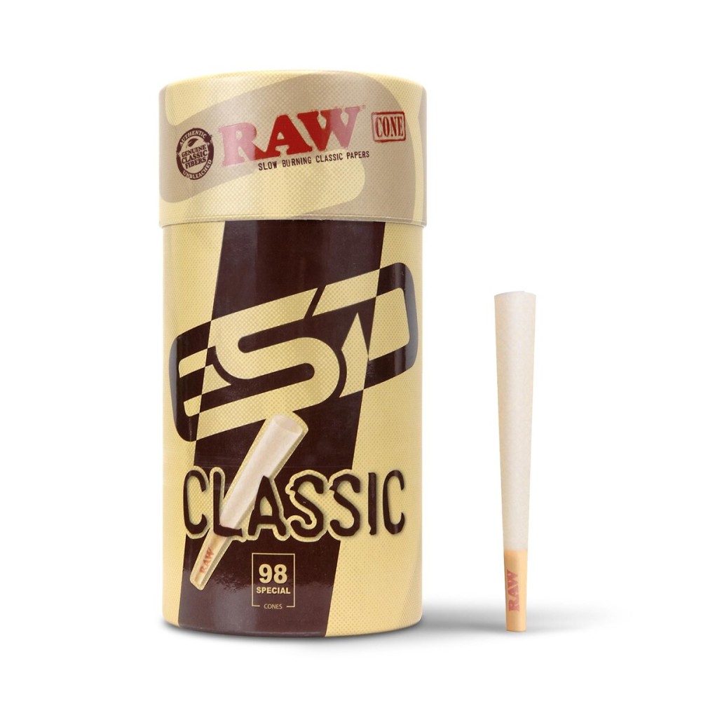 RAW Cones Classic 98 Special - 100 Pack - Slow Burning Pre Rolled Cones - Rolling Papers with Tips & Packing Tubes Included