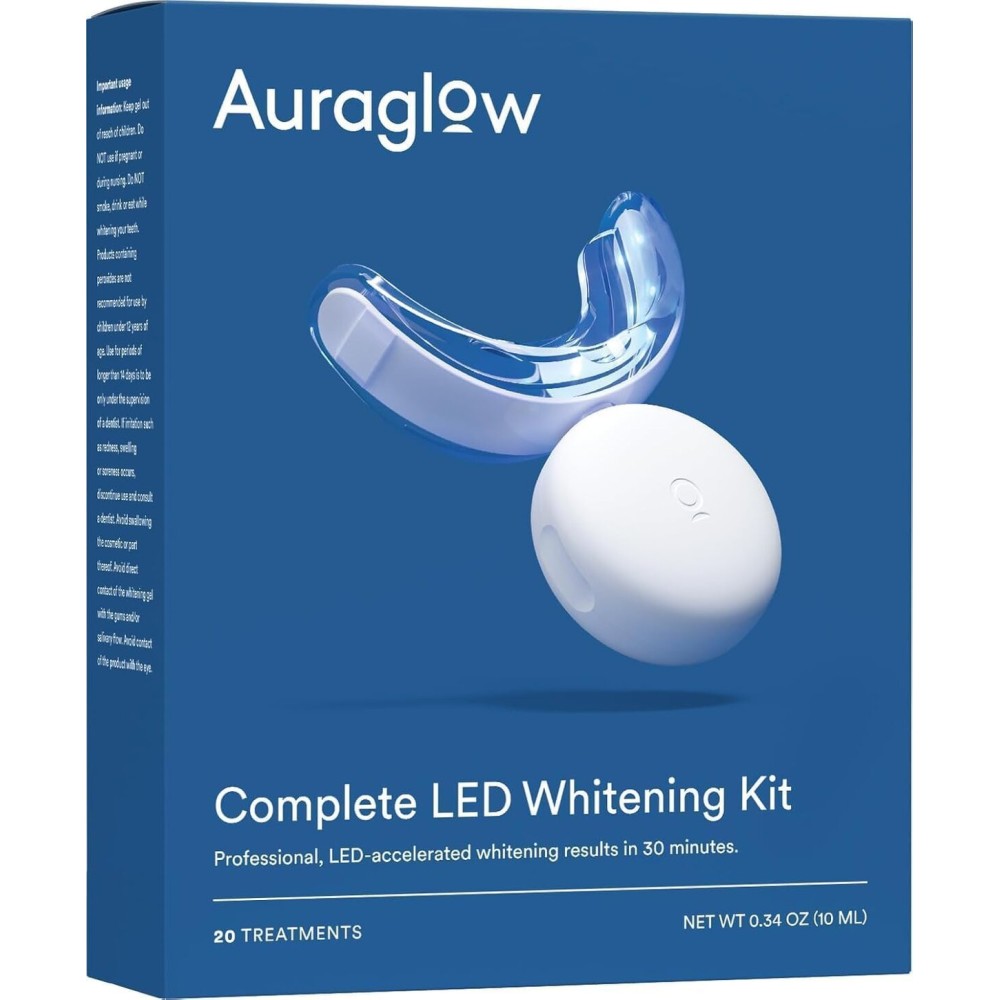 Auraglow Teeth Whitening Kit, LED Accelerator Light, 35% Carbamide Peroxide Teeth Whitening Gel, 20+ Whitening Treatments, Whitens up to 10 Shades in 7 Days