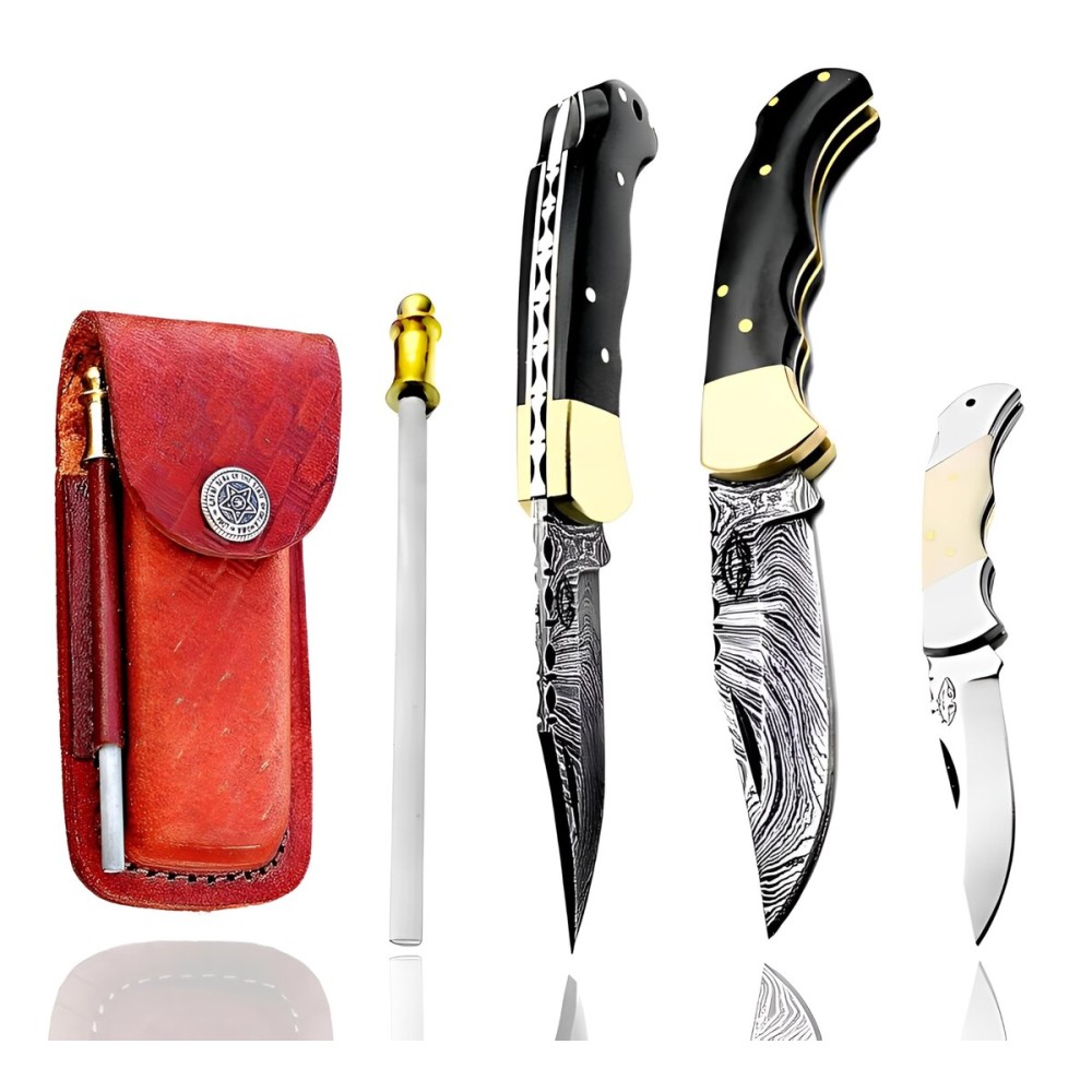 Best.Buy.Damascus1 Ultimate Folding Knife Black Buffalo Horn Pocket Knife Compact, Damascus Knife - Ideal knife for Outdoor, Survival, Hunting, Camping Knives & Everyday Use Knife Set