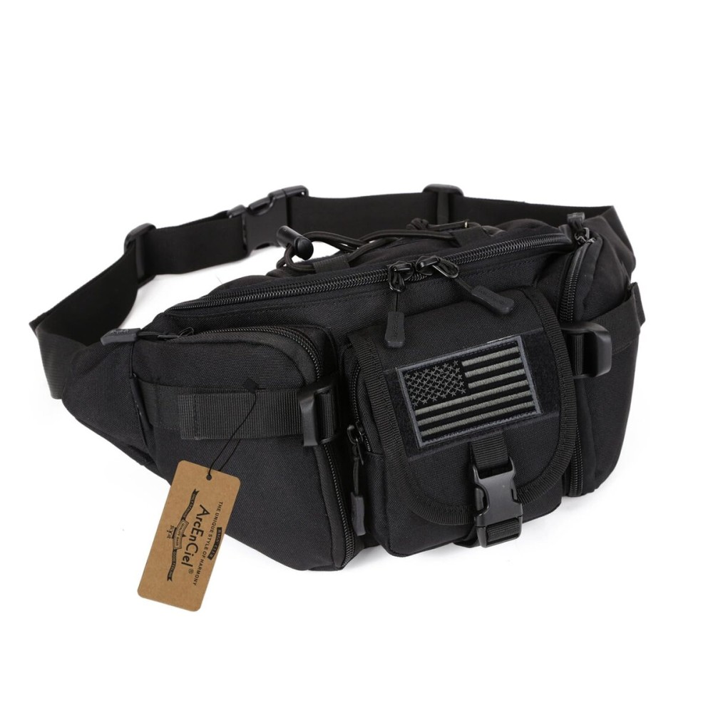 ArcEnCiel Tactical Fanny Pack for Men Women Waist Bag Hip Belt Outdoor Hiking Fishing Bumbag with Patch (Black)