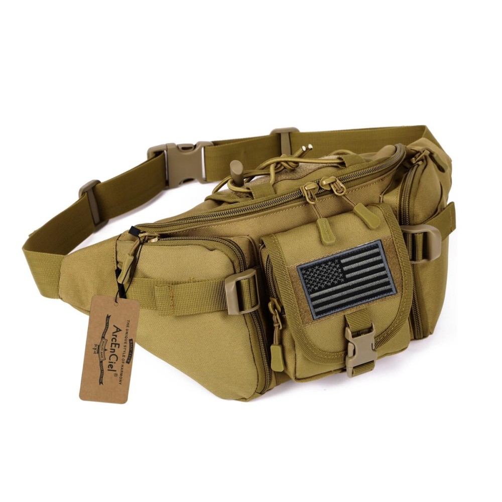 ArcEnCiel Tactical Fanny Pack for Men Women Waist Bag Hip Belt Outdoor Hiking Fishing Bumbag with Patch (Coyote Brown)