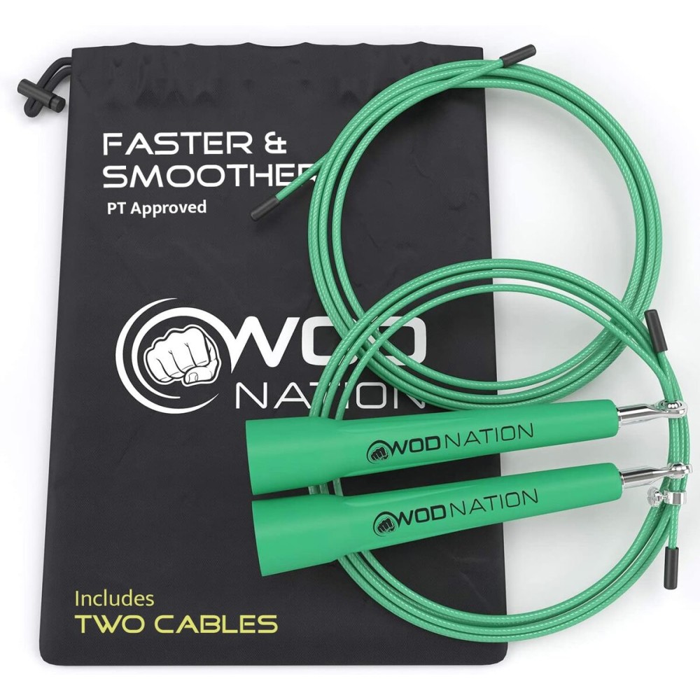 WOD Nation Adjustable Speed Jump Rope - Custom Length for Home Gym Equipment - Speed Rope for Double Unders & Cardio Exercise - Versatile for Boxing, MMA & Home Gym Accessories - Green Steel