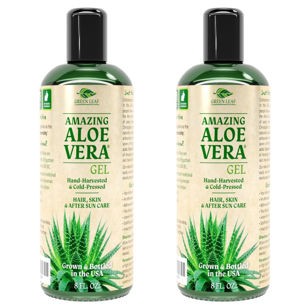 Green Leaf Naturals Amazing Aloe Vera Gel - Freshly Cut, 100% Pure Aloe, Premium Quality, Vegan, Unscented - Natural Sunburn Relief, After Shave, Skin, Face & Hair Care (two 8oz bottles) 16oz
