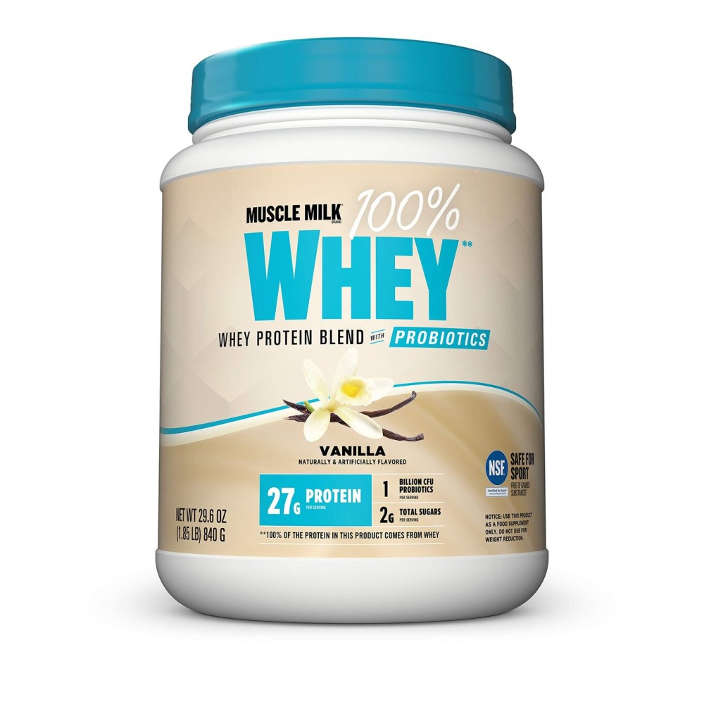 Muscle Milk 100% Whey With Probiotics Protein Powder, Vanilla, 1.85 Pound, 23 Servings, 27g Protein, 2g Sugar, 1B CFU Probiotics, Low in Fat, NSF Certified for Sport, Packaging May Vary