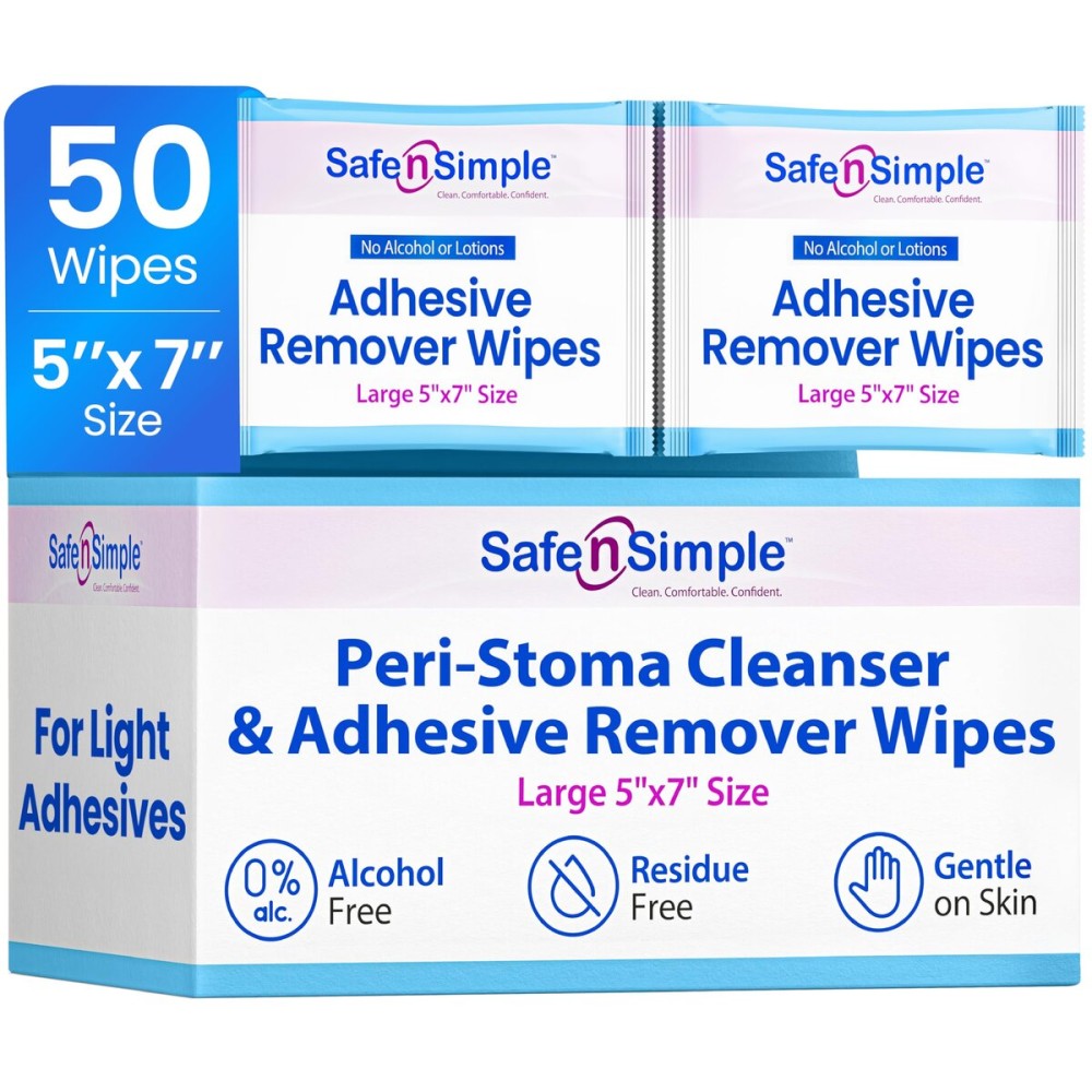 Safe n\' Simple Adhesive Remover for Skin - 5x7 50 Wipes - Stoma Adhesive Remover Wipes - Alcohol Free Wipes for Sensitive Skin - No Sting Adhesive Remover Wipes