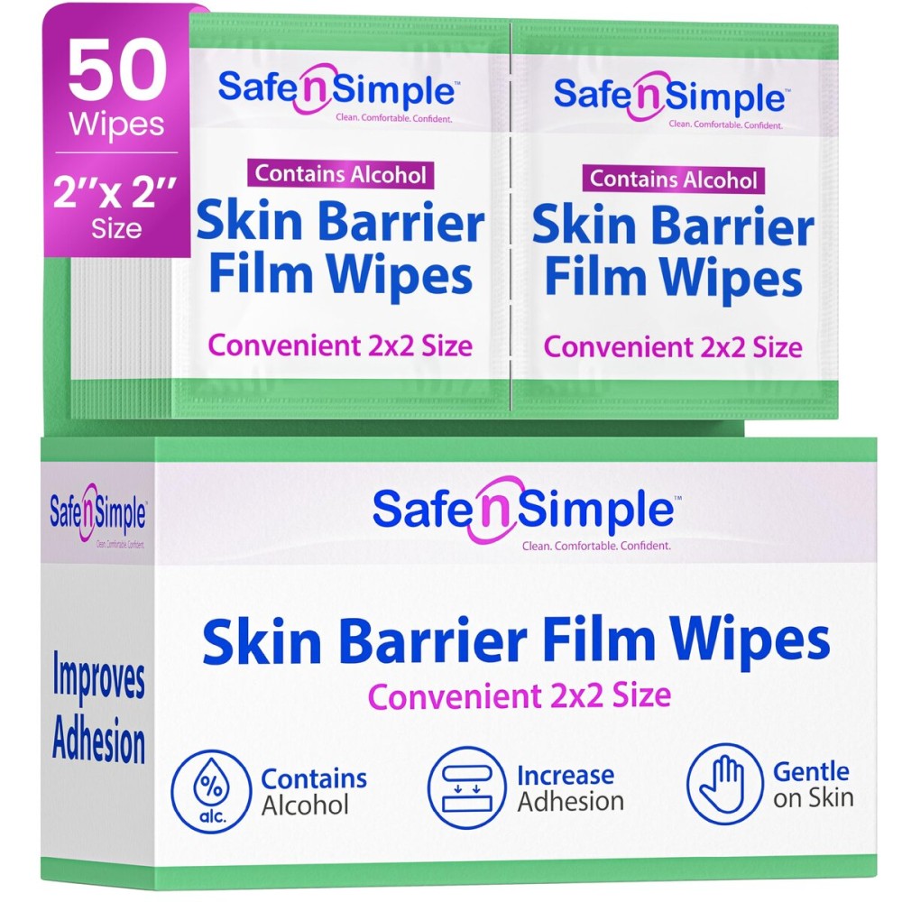 Safe n\' Simple Skin Barrier Wipe with Alcohol - 50 Individually Packaged Wipes 2x2 - Ostomy Sterile Skin Prep Pads - Skin Barrier Film Wipes for Ostomy - Alcohol Stoma Barrier Prep Pads