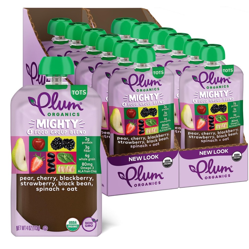 Plum Organics Mighty 4 Organic Toddler Food - Pear, Cherry, Blackberry, Strawberry, Black Bean, Spinach, and Oat - 4 oz Pouch (Pack of 12) - Organic Fruit and Vegetable Toddler Food Pouch