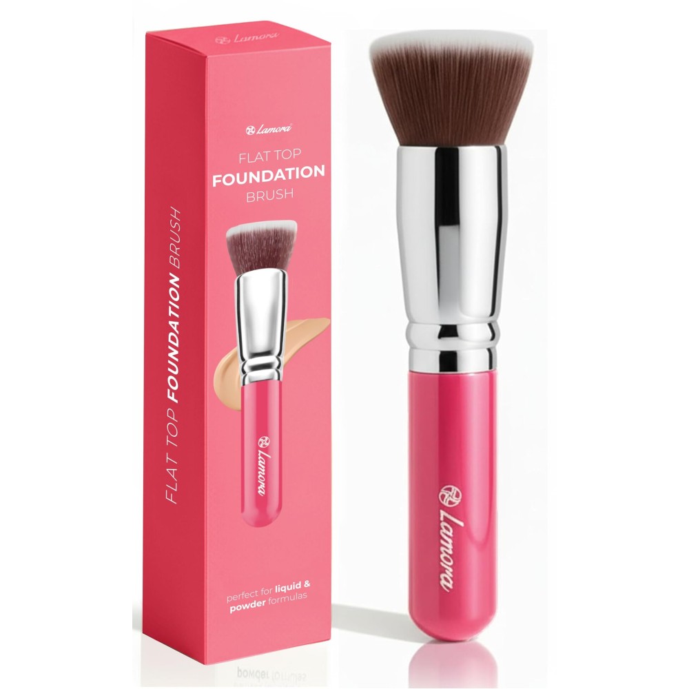 Lamora Makeup Brush Foundation Kabuki - Flat Top Face Brush for Liquid, Cream, and Powder Cosmetics - Full Coverage Blending, Buffing, Stippling, Contouring