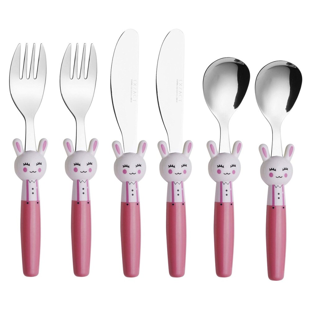Exzact Children Flatware Pink Rabbit 6pcs Stainless Steel, Kids Silverware Toddler Utensils - BPA Free, Dishwasher Safe, 24M+