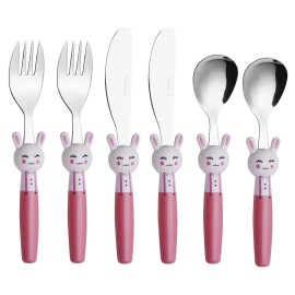 Exzact Children Flatware Pink Rabbit 6pcs Stainless Steel, Kids Silverware Toddler Utensils - BPA Free, Dishwasher Safe, 24M+